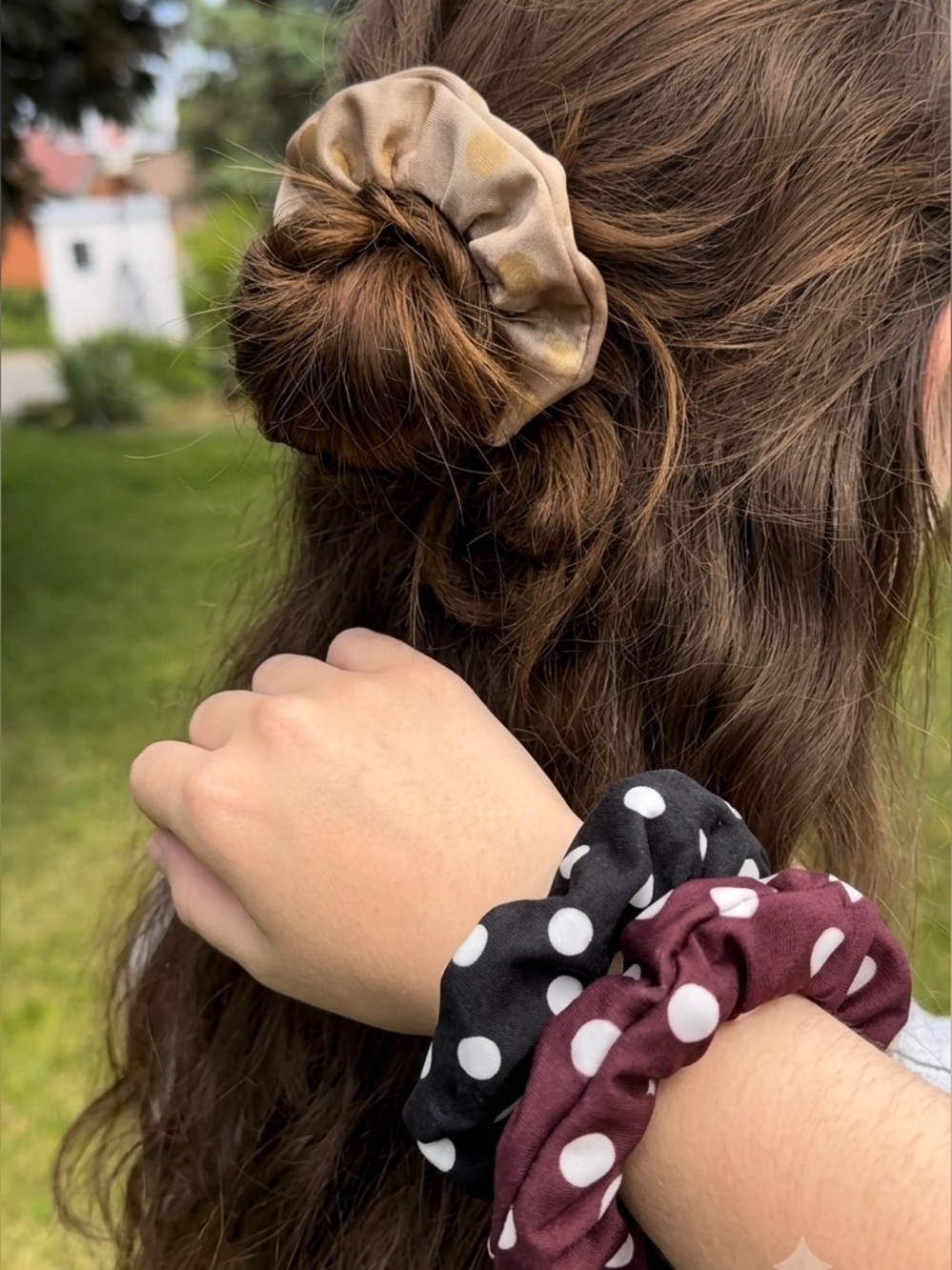 Set of 4 Polka Dot Scrunchies - Beige, Black, Burgundy,pink